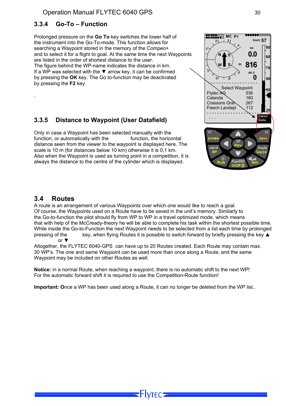 4 go-to – function, 5 distance to waypoint (user datafield), 4 routes | Go-to – function, Distance to waypoint (user datafield), Routes, Operation manual flytec 6040 gps | Flytec 6040 * User Manual | Page 32 / 57