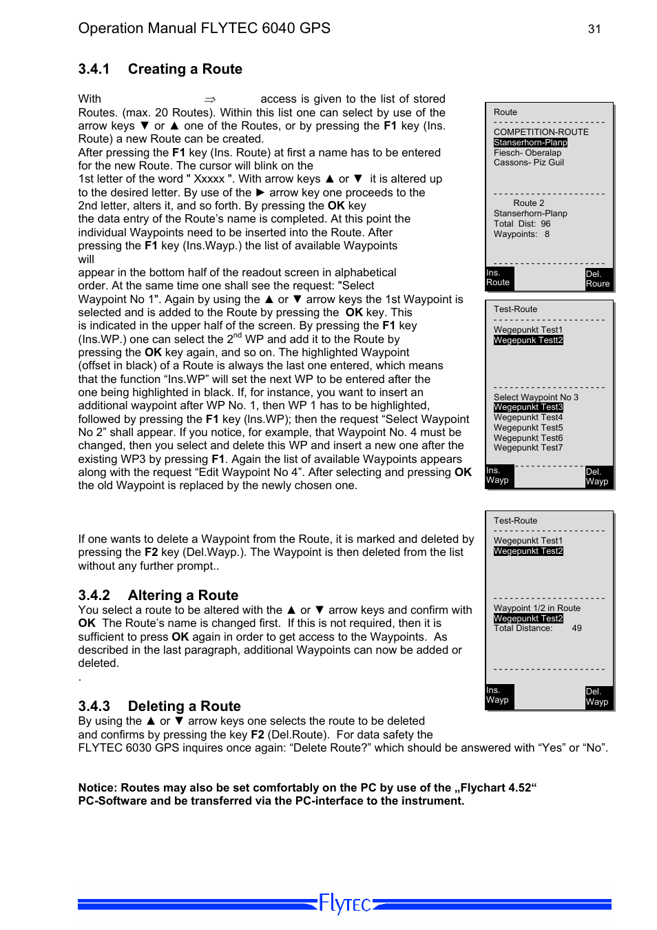 1 creating a route, 2 altering a route, 3 deleting a route | Creating a route, Altering a route, Deleting a route, Operation manual flytec 6040 gps | Flytec 6040 * User Manual | Page 33 / 57