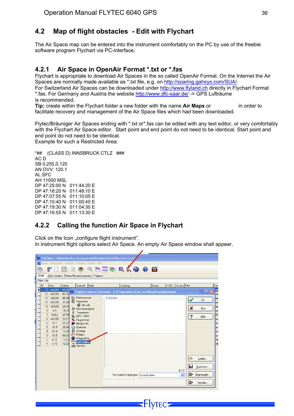 2 map of flight obstacles - edit with flychart, 1 air space in openair format *.txt or *.fas, 2 calling the function air space in flychart | Map of flight obstacles - edit with flychart, Air space in openair format *.txt or *.fas, Calling the function air space in flychart, Operation manual flytec 6040 gps | Flytec 6040 * User Manual | Page 38 / 57