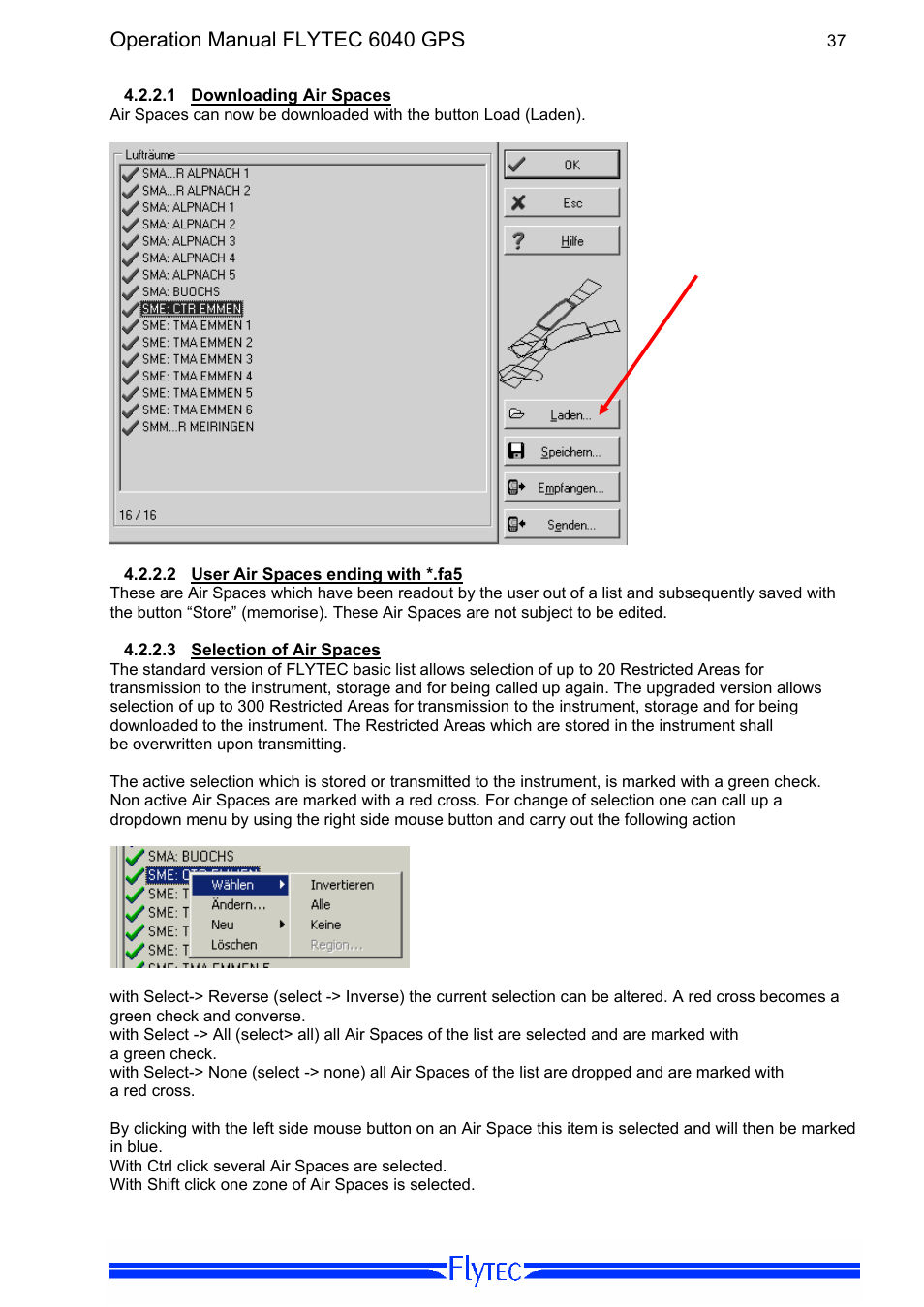 1 downloading air spaces, 2 user air spaces ending with *.fa5, 3 selection of air spaces | Downloading air spaces, User air spaces ending with *.fa5, Selection of air spaces, Operation manual flytec 6040 gps | Flytec 6040 * User Manual | Page 39 / 57