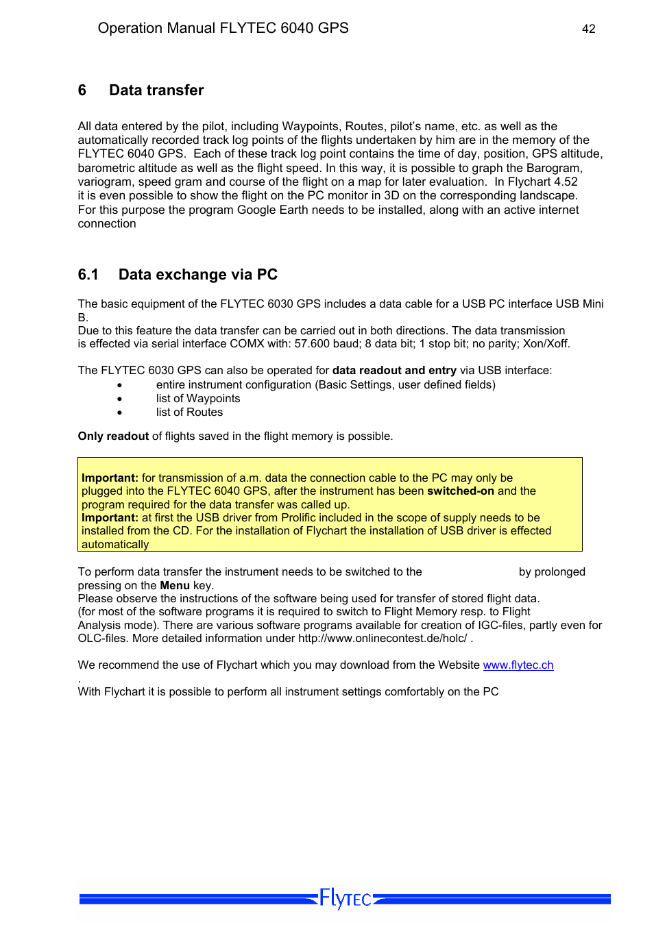 6 data transfer, 1 data exchange via pc, Data transfer | Data exchange via pc, Operation manual flytec 6040 gps | Flytec 6040 * User Manual | Page 44 / 57