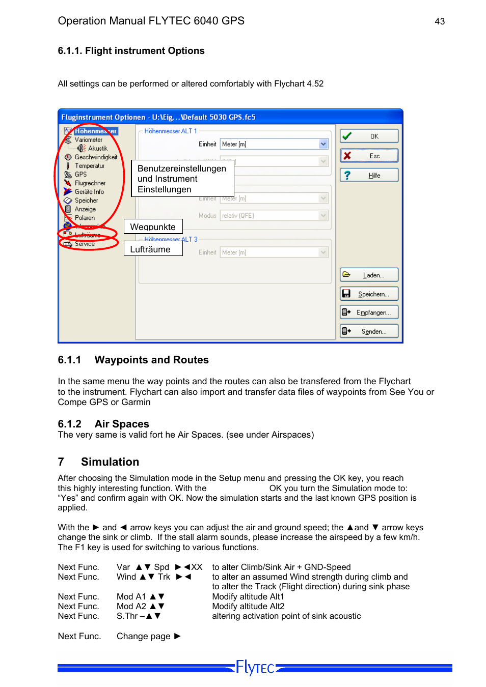 1 waypoints and routes, 2 air spaces, 7 simulation | Waypoints and routes, Air spaces, Simulation, Operation manual flytec 6040 gps | Flytec 6040 * User Manual | Page 45 / 57