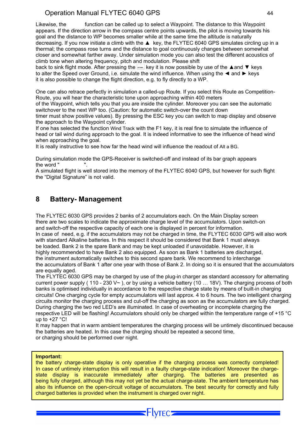 8 battery- management, Battery- management, Operation manual flytec 6040 gps | Flytec 6040 * User Manual | Page 46 / 57
