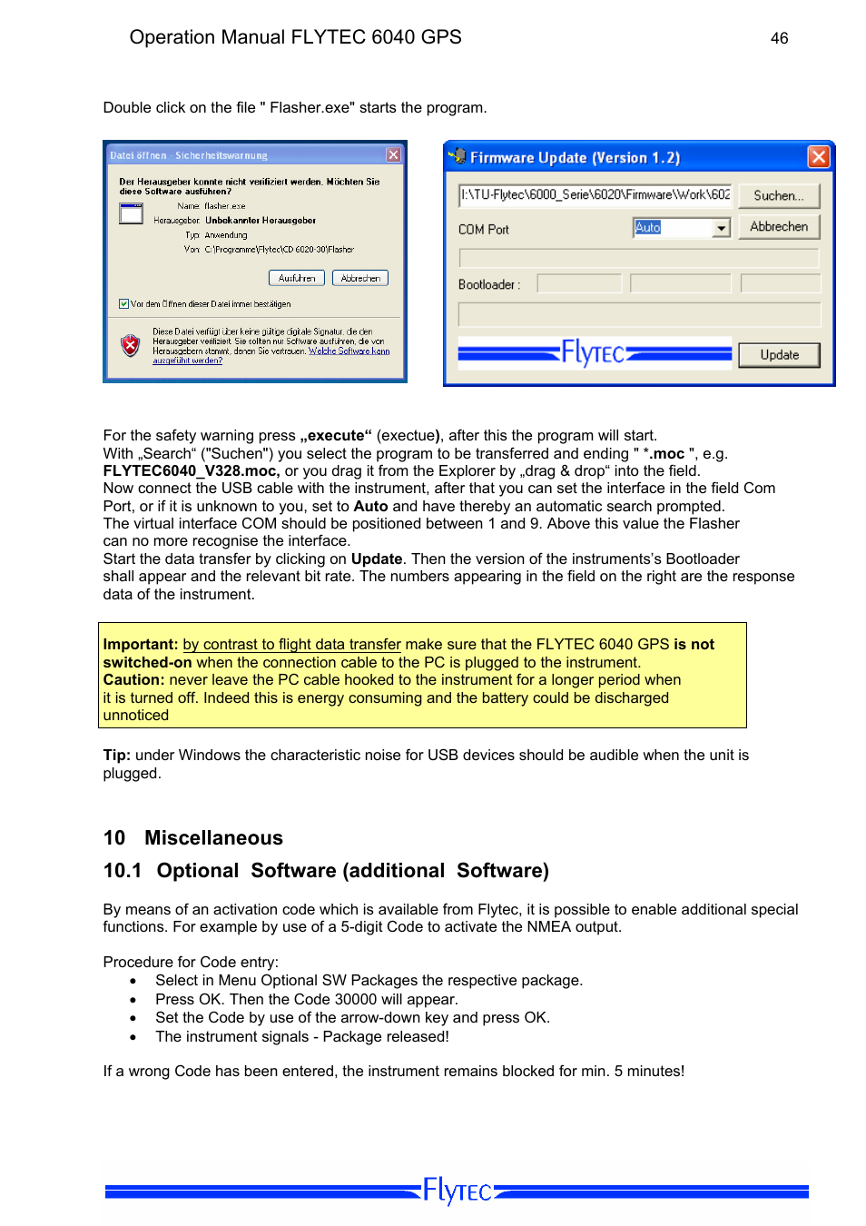 10 miscellaneous, 1 optional software (additional software), Miscellaneous | Optional software (additional software), Operation manual flytec 6040 gps | Flytec 6040 * User Manual | Page 48 / 57