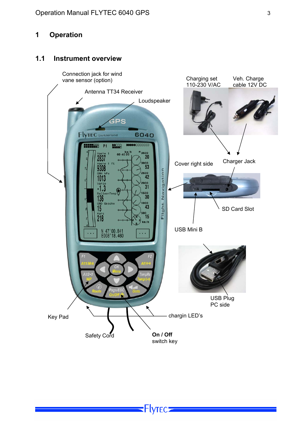 1 operation, 1 instrument overview, Operation | Instrument overvie | Flytec 6040 * User Manual | Page 5 / 57