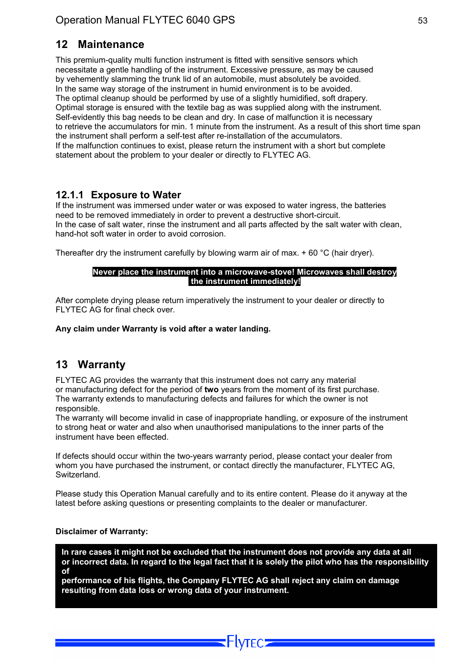 12 maintenance, 1 exposure to water, 13 warranty | Maintenance, Exposure to water, Warranty | Flytec 6040 * User Manual | Page 55 / 57