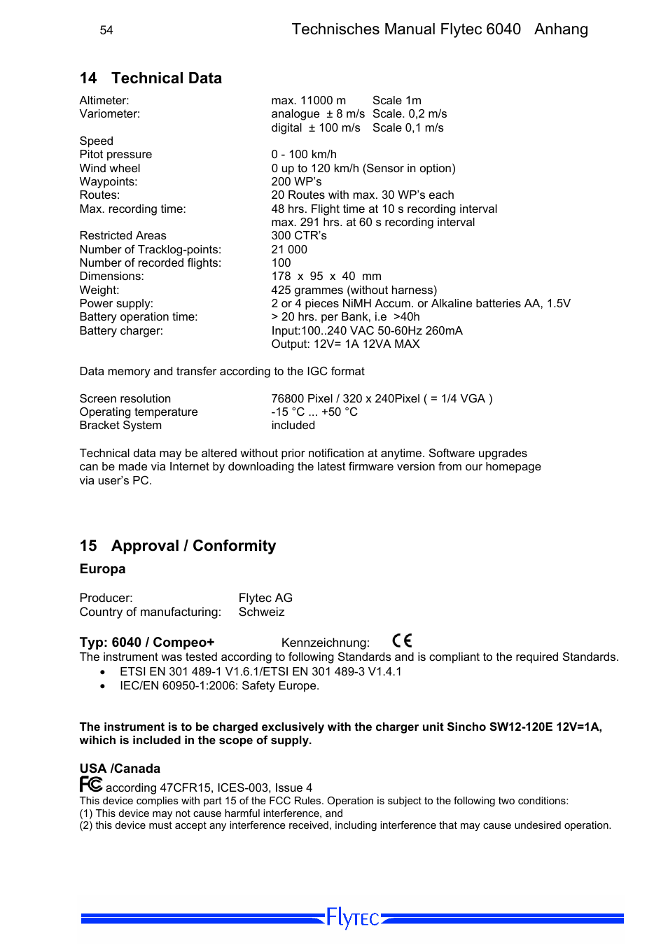 14 technical data, 15 approval / conformity, Technical data | Approval / conformity, Technisches manual flytec 6040 anhang | Flytec 6040 * User Manual | Page 56 / 57