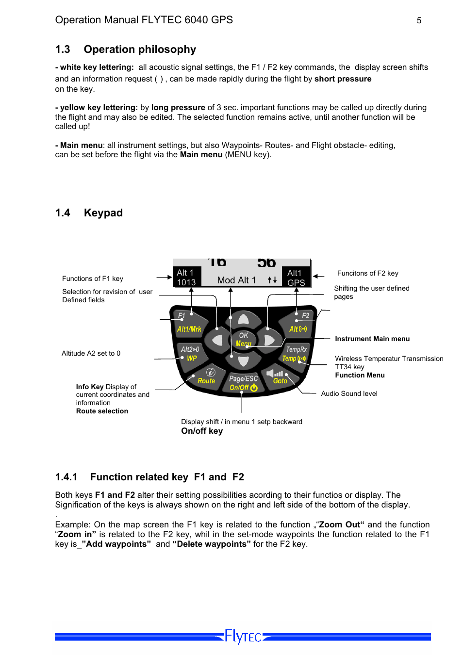 3 operation philosophy, 4 keypad, 1 function related key f1 and f2 | Operation philosoph, Keyp, Function related key f1 and f2, Operation manual flytec 6040 gps | Flytec 6040 * User Manual | Page 7 / 57