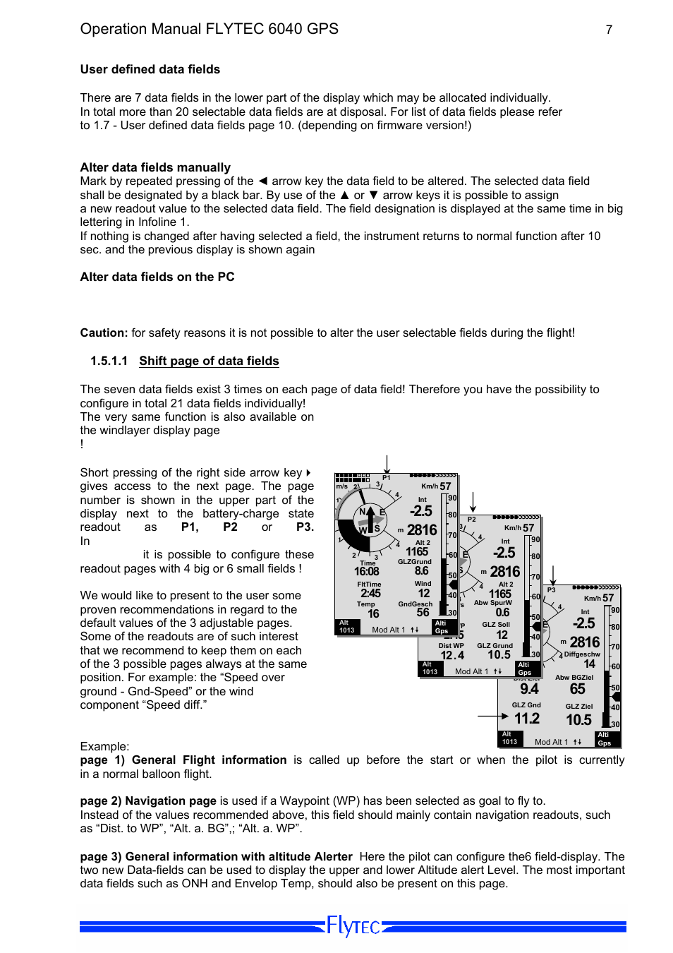 Operation manual flytec 6040 gps, 7user defined data fields, Alter data fields manually | Alter data fields on the pc, 1 shift page of data fields | Flytec 6040 * User Manual | Page 9 / 57