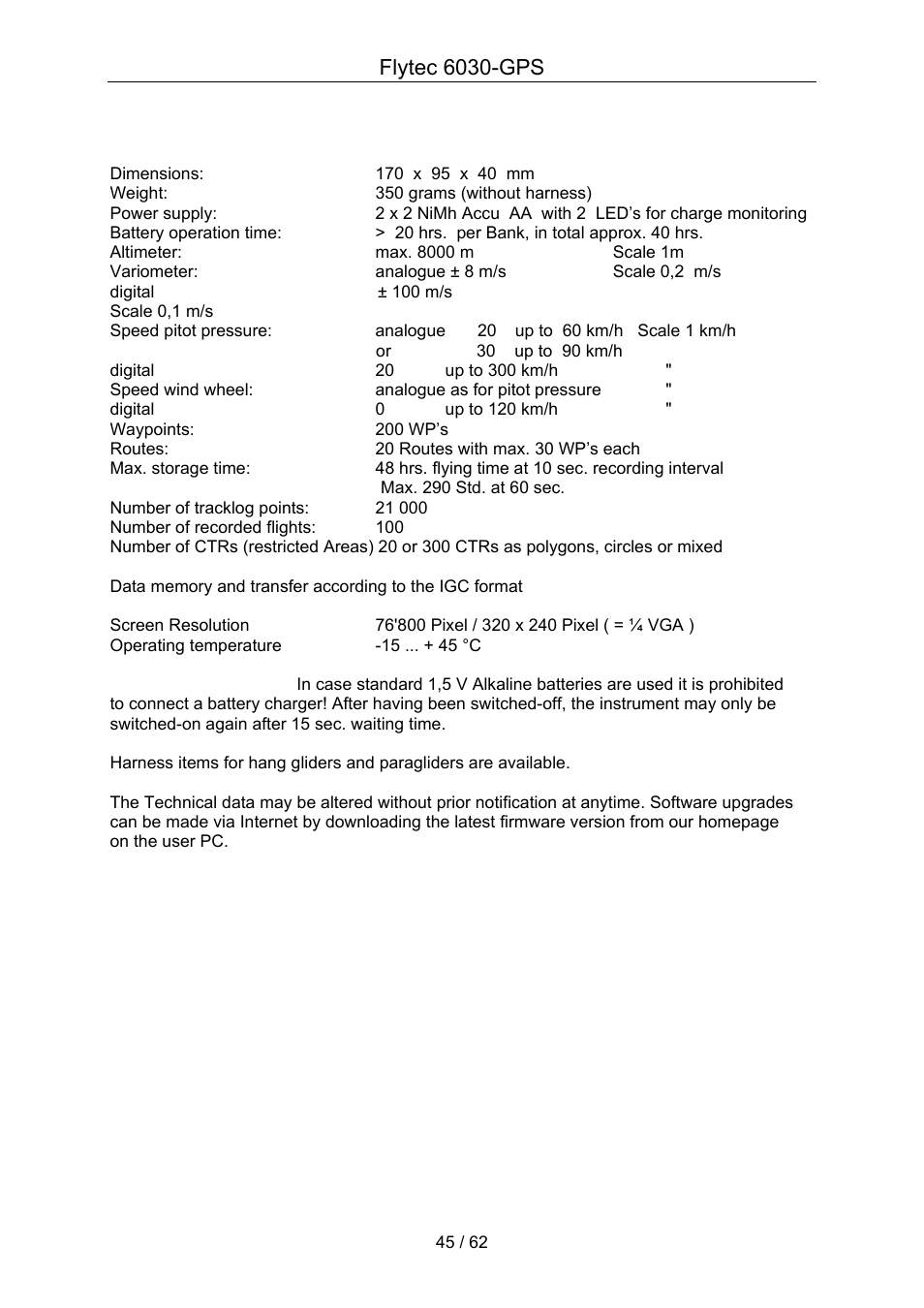 Flytec 6030-gps, 8 technical data | Flytec 6030 * User Manual | Page 45 / 62