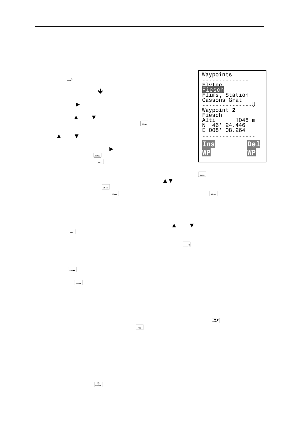 1 waypoints - alter, delete or insert, 2 display of actual coordinate, Operating manual flytec 6020 | Ins del wp wp, Fiesch | Flytec 6020 * User Manual | Page 21 / 55