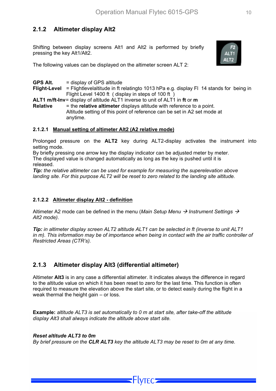 Altimeter display alt2, Altimeter display alt2 - definition, Altimeter display alt3 (differential altimeter) | Operation manual flytec 6015-gps | Flytec 6015 * User Manual | Page 12 / 36