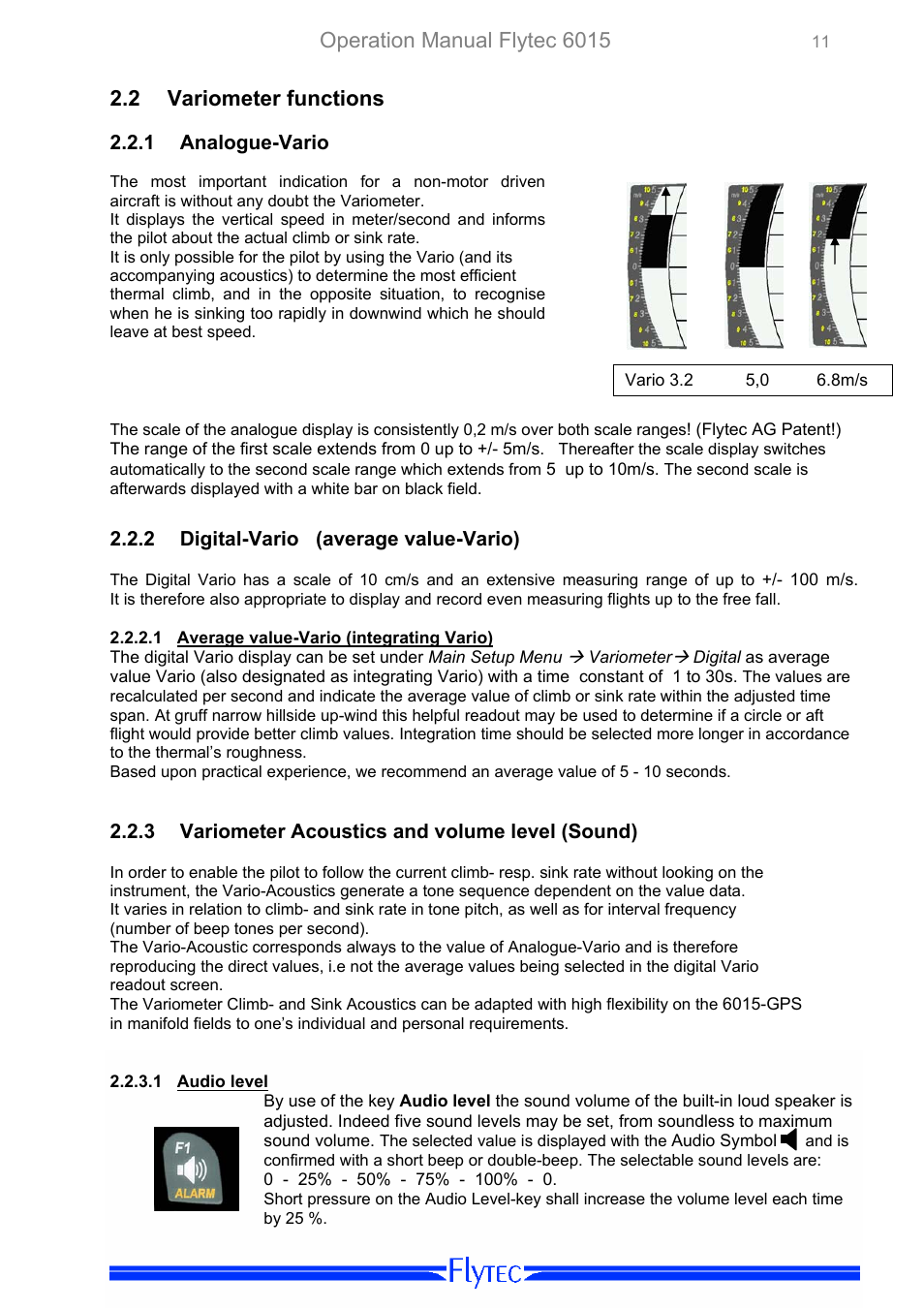 Variometer functions, Analogue-vario, Digital-vario (average value-vario) | Average value-vario (integrating vario), Variometer acoustics and volume level (sound), Audio level, Operation manual flytec 6015, 2 variometer functions | Flytec 6015 * User Manual | Page 13 / 36