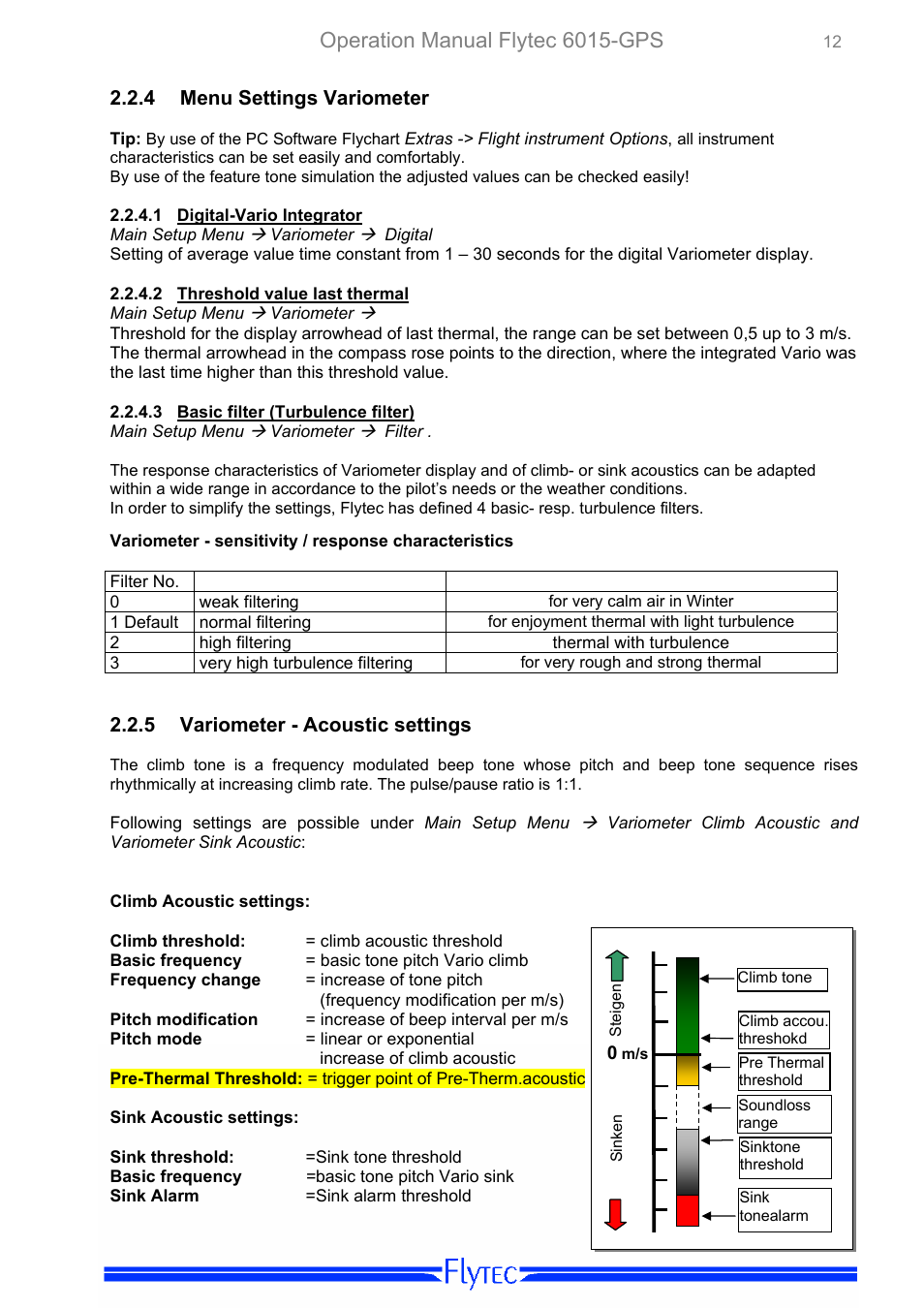 Menu settings variometer, Digital-vario integrator, Threshold value last thermal | Basic filter (turbulence filter), Variometer - acoustic settings, Operation manual flytec 6015-gps | Flytec 6015 * User Manual | Page 14 / 36