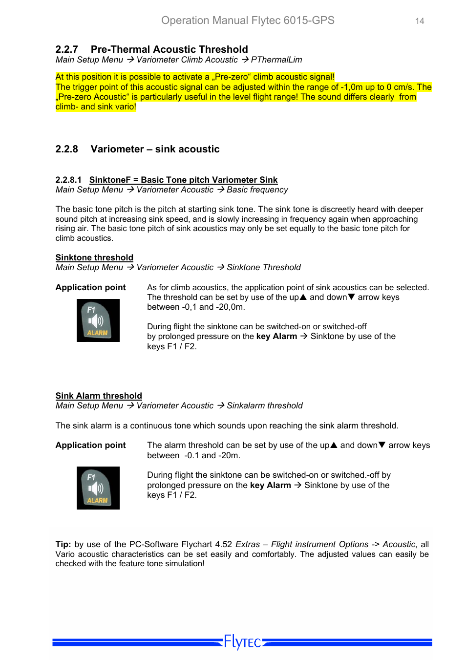 Pre-thermal acoustic threshold, Variometer – sink acoustic, Sinktonef = basic tone pitch variometer sink | Sinktone threshold, Sink alarm threshold, Operation manual flytec 6015-gps | Flytec 6015 * User Manual | Page 16 / 36