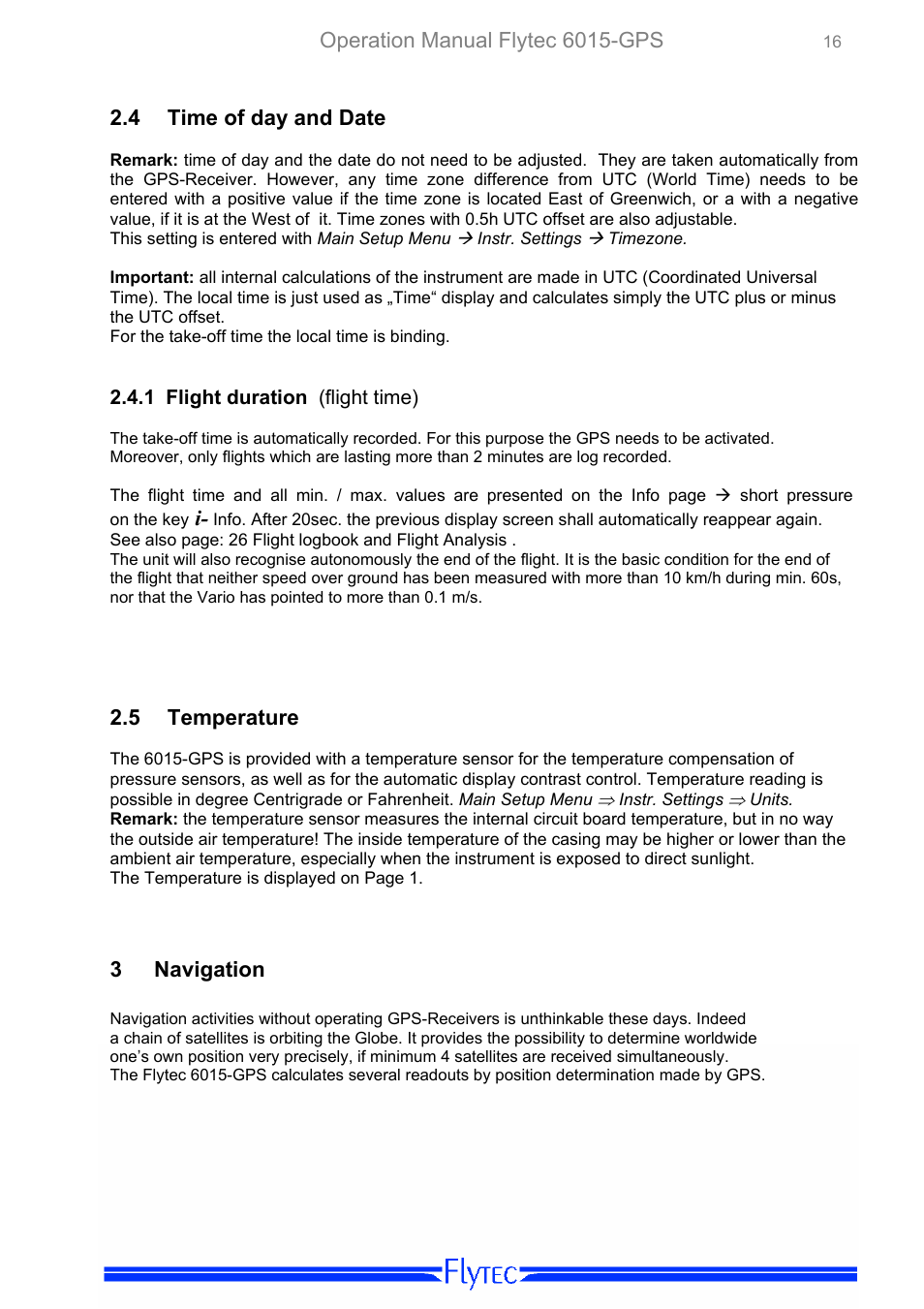 Time of day and date, Flight duration (flight time), Temperature | Navigation, Operation manual flytec 6015-gps, 4 time of day and date, 5 temperature, 3 navigation | Flytec 6015 * User Manual | Page 18 / 36