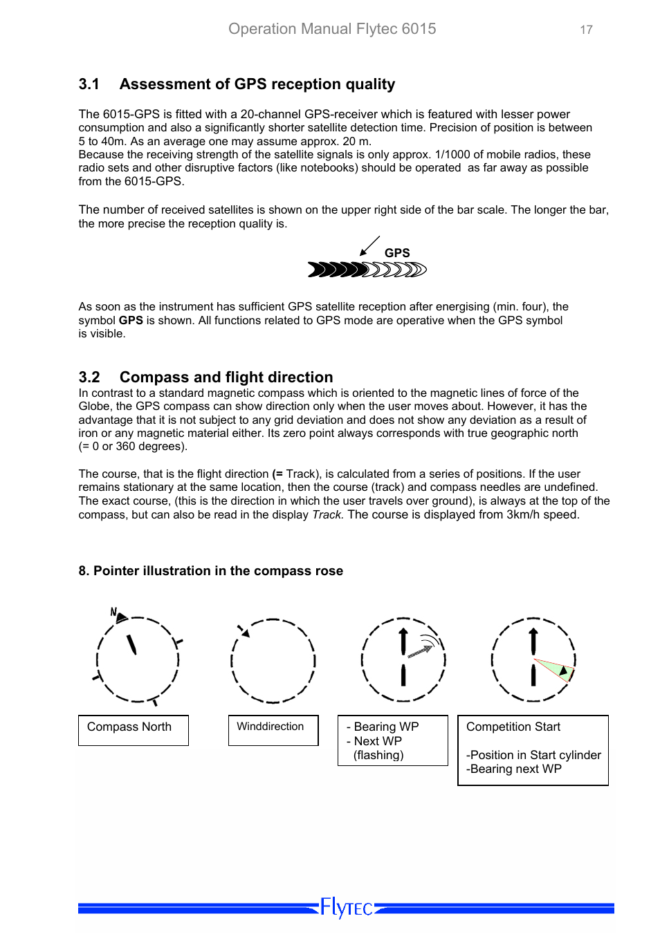 Assessment of gps reception quality, Compass and flight direction, Operation manual flytec 6015 | 1 assessment of gps reception quality, 2 compass and flight direction | Flytec 6015 * User Manual | Page 19 / 36