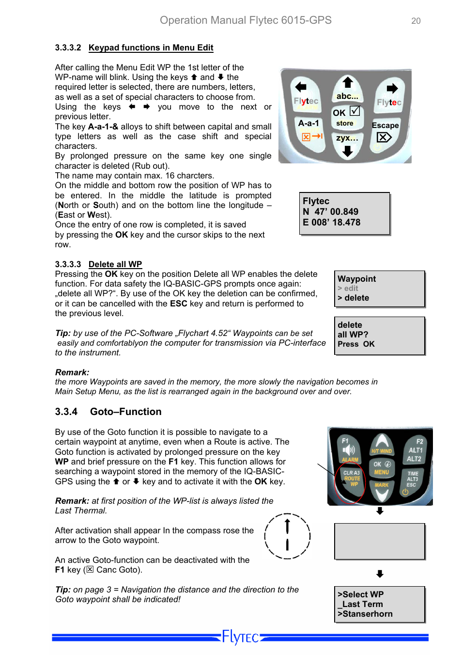 Keypad functions in menu edit, Delete all wp, Goto–function | Operation manual flytec 6015-gps | Flytec 6015 * User Manual | Page 22 / 36
