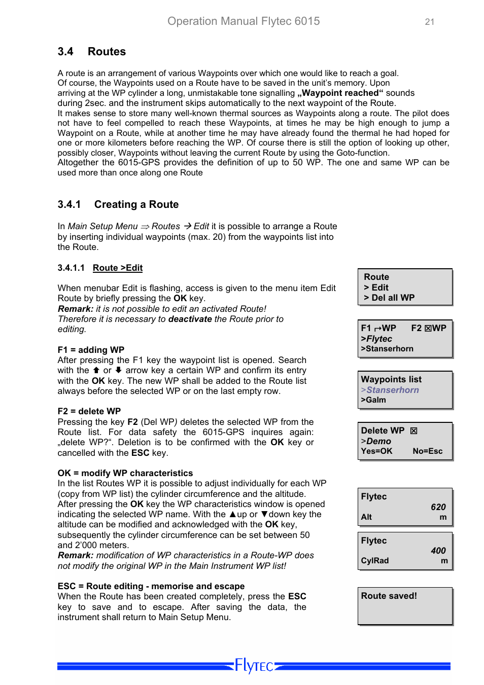 Routes, Creating a route, Route >edit | Operation manual flytec 6015, 4 routes | Flytec 6015 * User Manual | Page 23 / 36