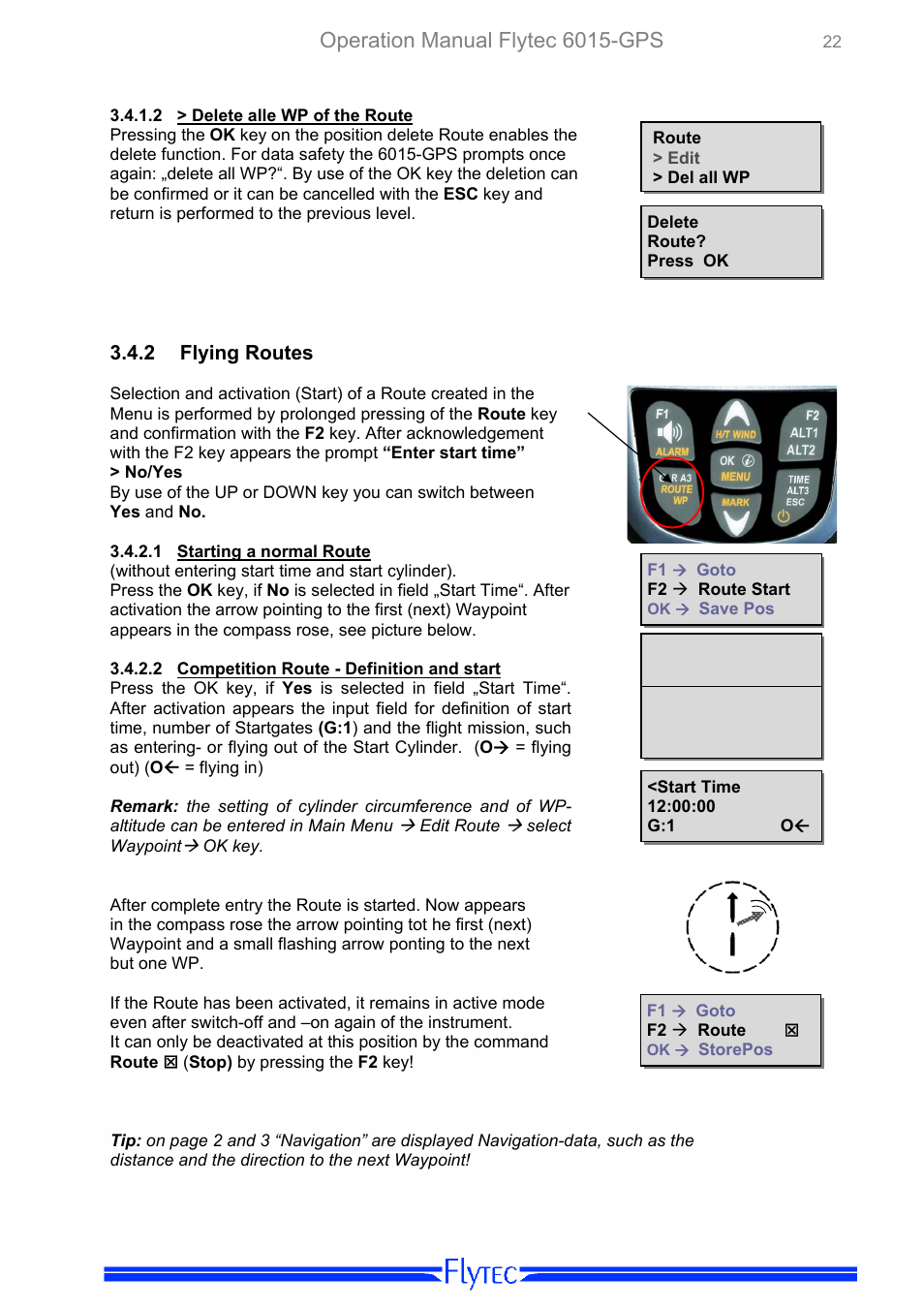Delete alle wp of the route, Flying routes, Starting a normal route | Competition route - definition and start, Operation manual flytec 6015-gps | Flytec 6015 * User Manual | Page 24 / 36