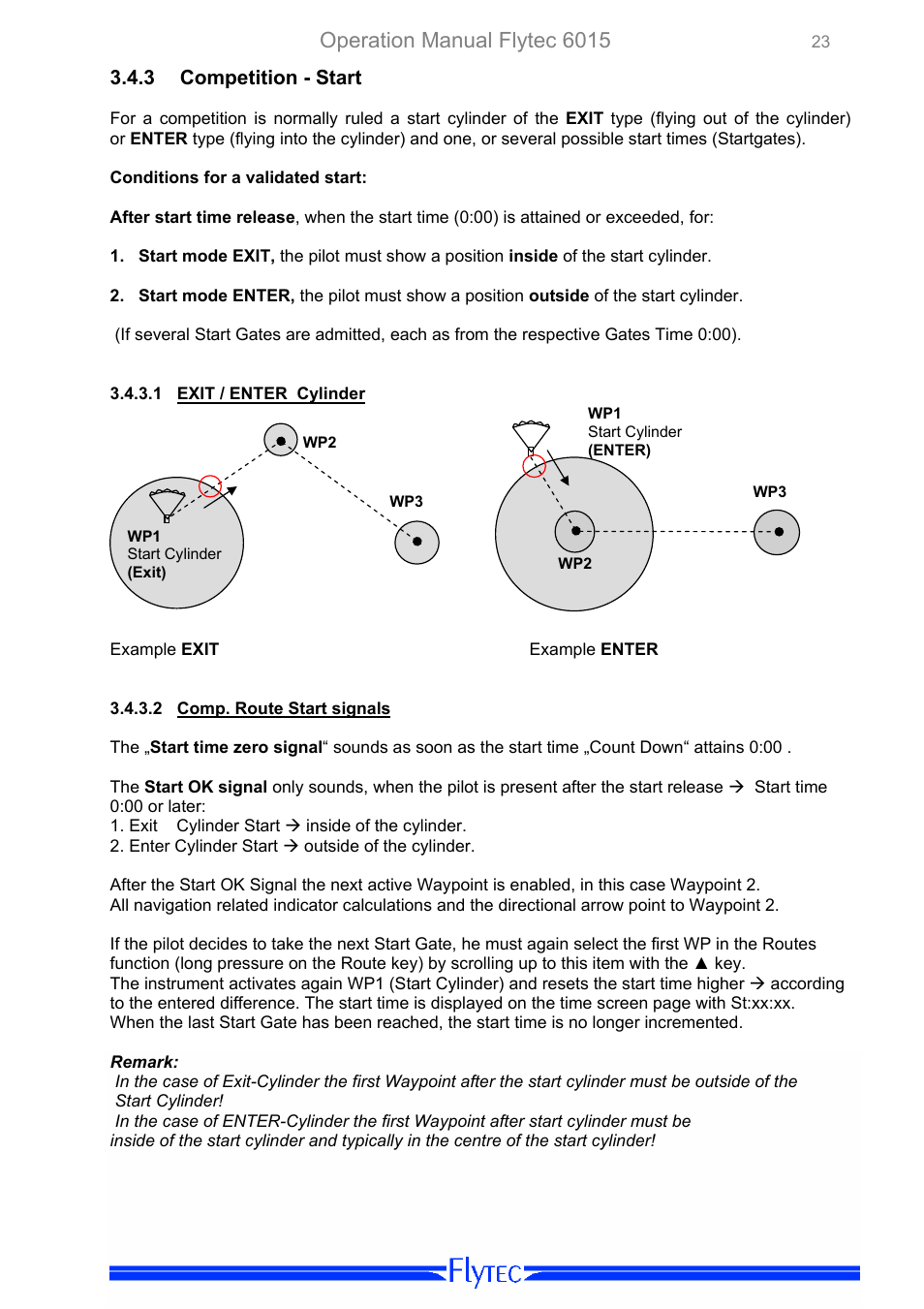 Competition - start, Exit / enter cylinder, Comp. route start signals | Operation manual flytec 6015 | Flytec 6015 * User Manual | Page 25 / 36