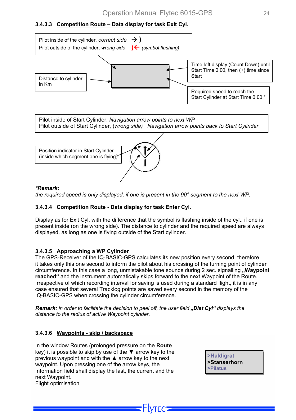 Competition route – data display for task exit cy, Approaching a wp cylinder, Waypoints - skip / backspace | Competition route – data display for task exit cyl, Operation manual flytec 6015-gps | Flytec 6015 * User Manual | Page 26 / 36