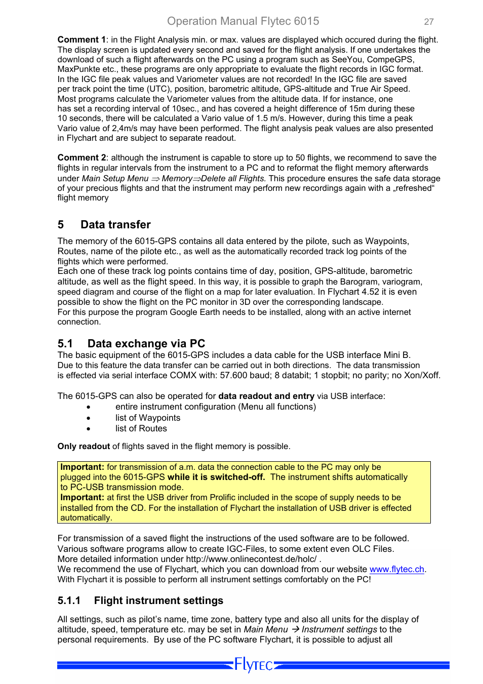 Data transfer, Data exchange via pc, Flight instrument settings | Operation manual flytec 6015, 5 data transfer, 1 data exchange via pc | Flytec 6015 * User Manual | Page 29 / 36