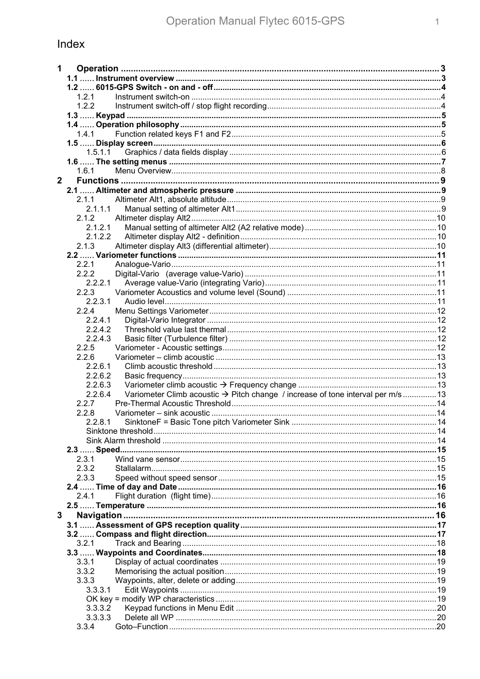 Operation manual flytec 6015-gps, Index | Flytec 6015 * User Manual | Page 3 / 36