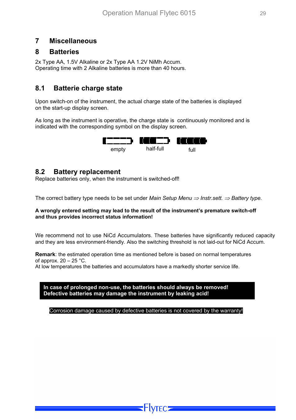 Miscellaneous, Batteries, Batterie charge state | Battery replacement, Operation manual flytec 6015, 7 miscellaneous 8 batteries, 1 batterie charge state, 2 battery replacement | Flytec 6015 * User Manual | Page 31 / 36