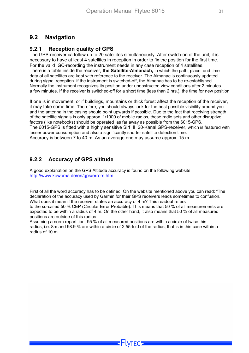 Navigation, Reception quality of gps, Accuracy of gps altitude | Operation manual flytec 6015, 2 navigation | Flytec 6015 * User Manual | Page 33 / 36