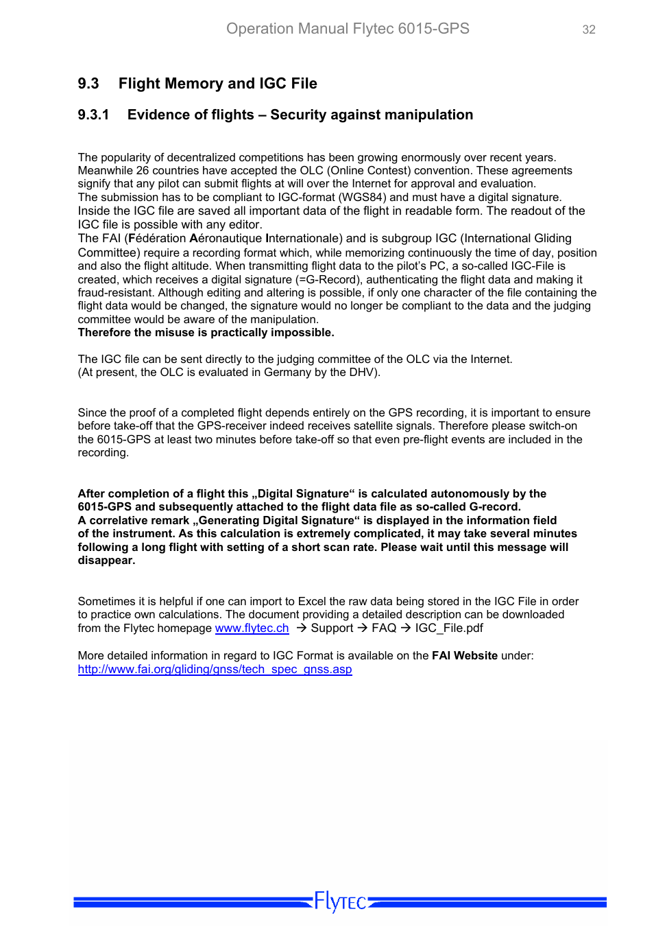 Flight memory and igc file, Evidence of flights – security against manipulati, Operation manual flytec 6015-gps | Flytec 6015 * User Manual | Page 34 / 36