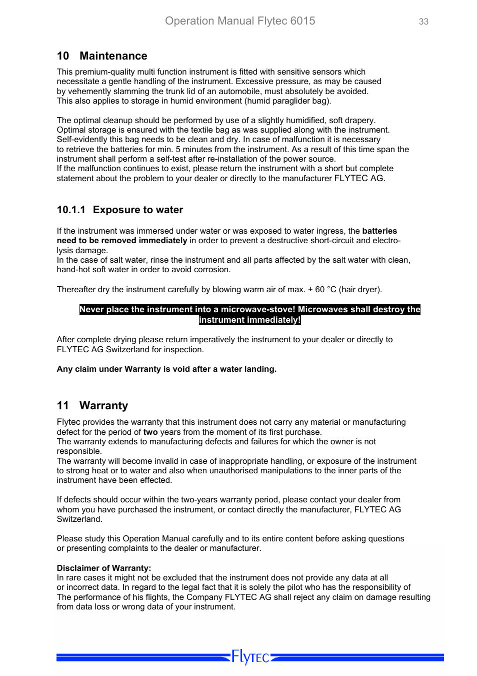 Maintenance, Exposure to water, Warranty | Operation manual flytec 6015, 10 maintenance, 11 warranty | Flytec 6015 * User Manual | Page 35 / 36