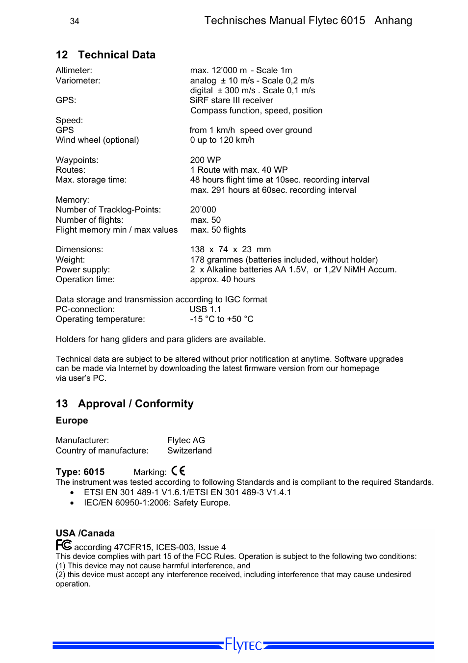 Technical data, Approval / conformity, Technisches manual flytec 6015 anhang | 12 technical data, 13 approval / conformity | Flytec 6015 * User Manual | Page 36 / 36
