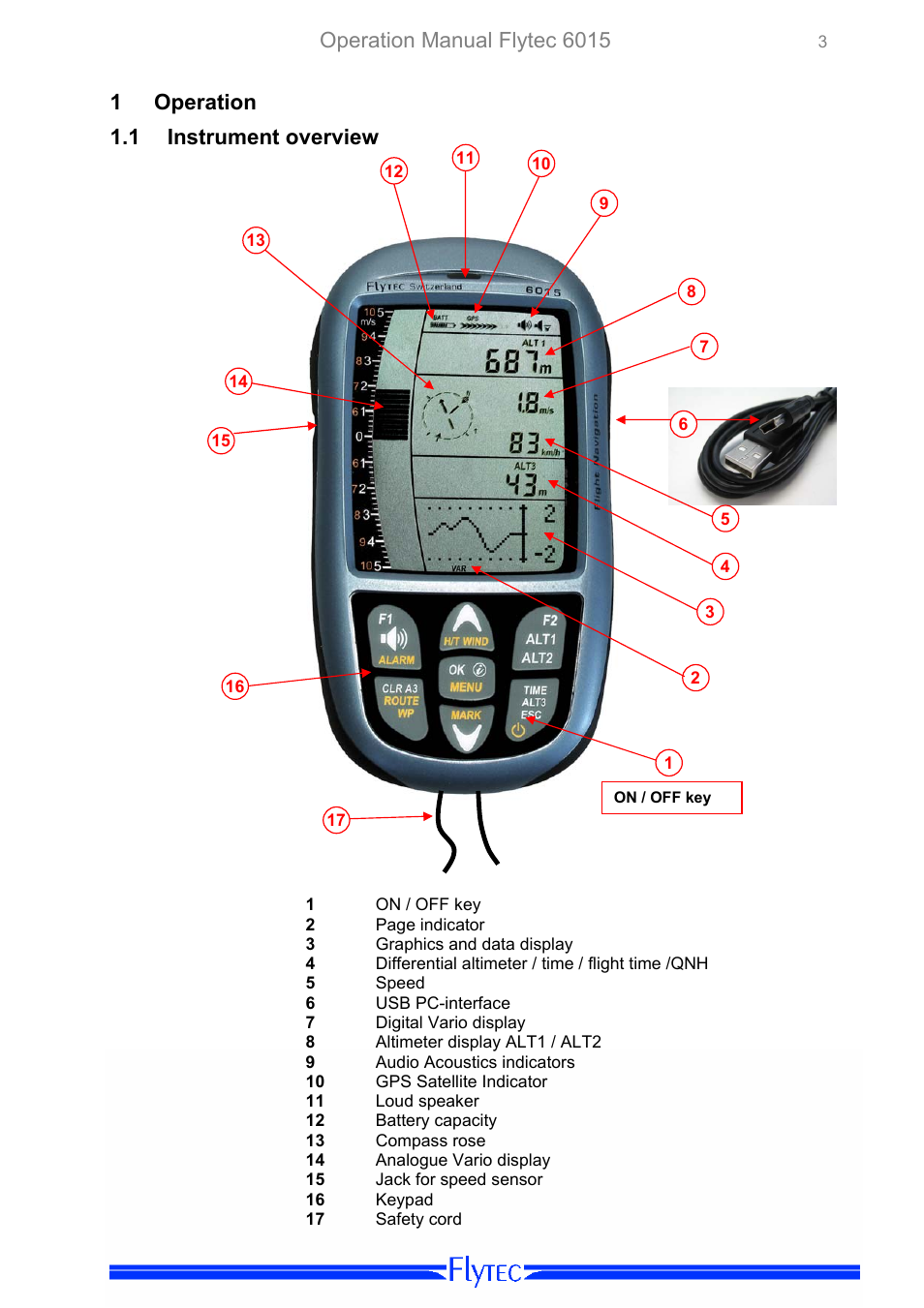 Operation, Instrument overview, Operation manual flytec 6015 | 1 operation 1.1 instrument overview | Flytec 6015 * User Manual | Page 5 / 36
