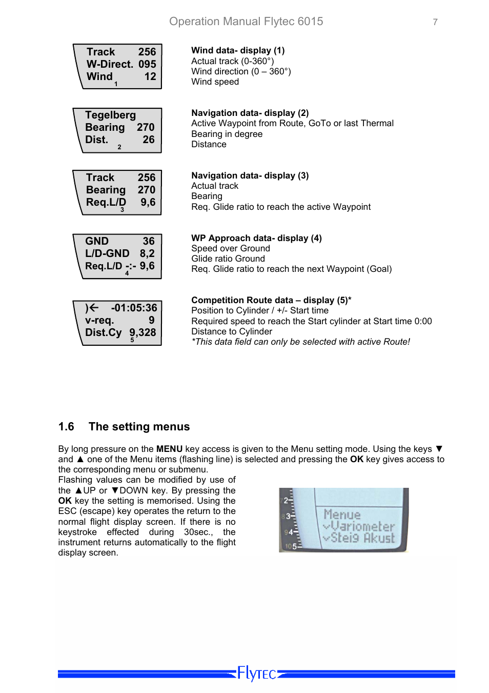 The setting menus, Operation manual flytec 6015, 6 the setting menus | Flytec 6015 * User Manual | Page 9 / 36