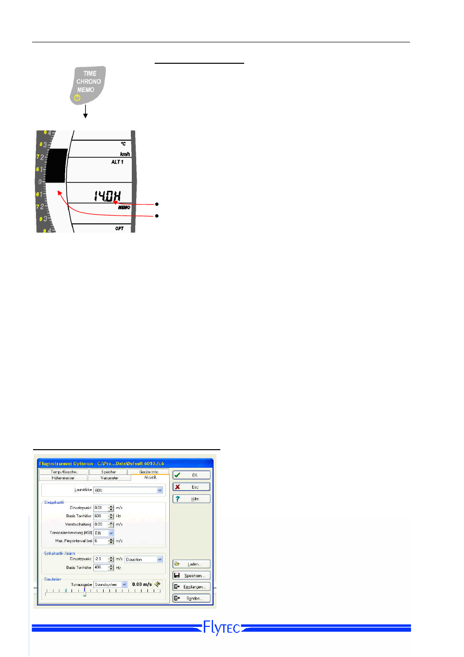 Option-mode memo, Connection to a pc [model 6010, Pc instrument configuration [model 6010 | Flytec 6010/6005 User Manual | Page 23 / 27