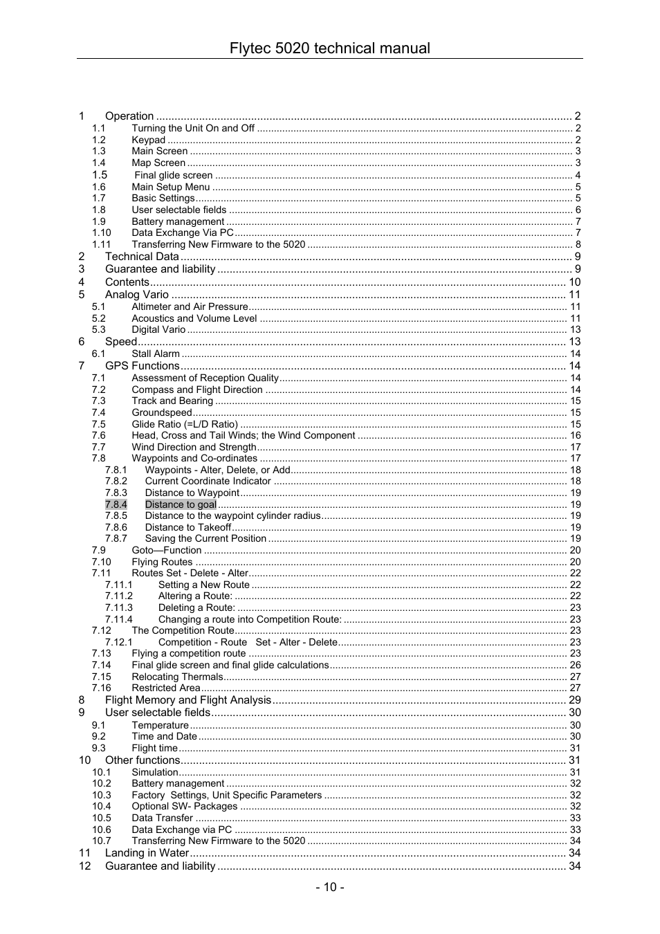 4 contents, Flytec 5020 technical manual | Flytec 5020 v1.18 * User Manual | Page 10 / 34