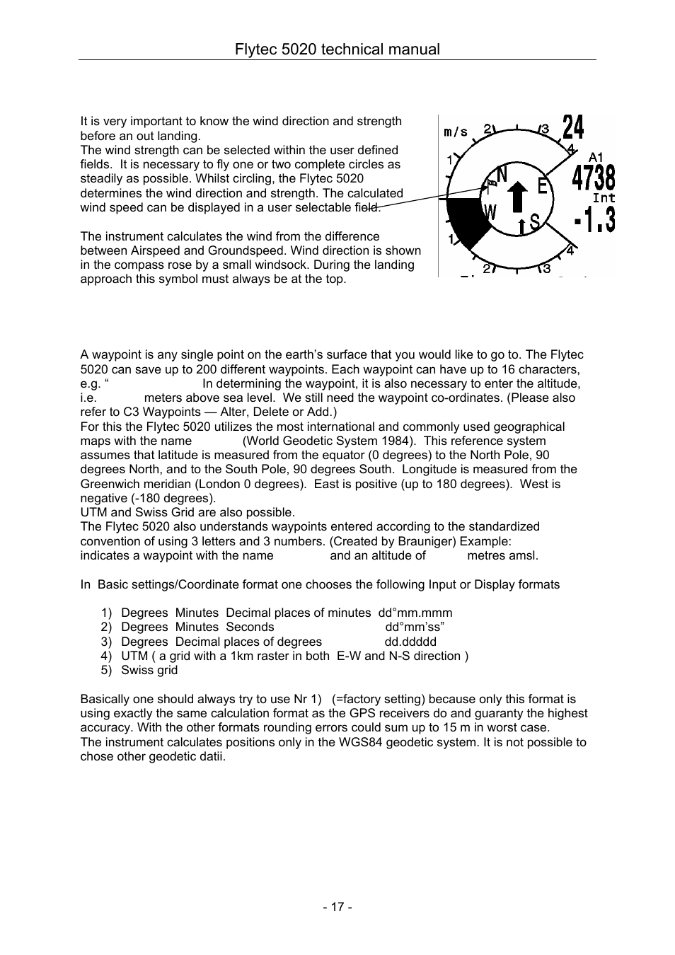 7 wind direction and strength, 8 waypoints and co-ordinates, Wind direction and strength | Waypoints and co-ordinates | Flytec 5020 v1.18 * User Manual | Page 17 / 34