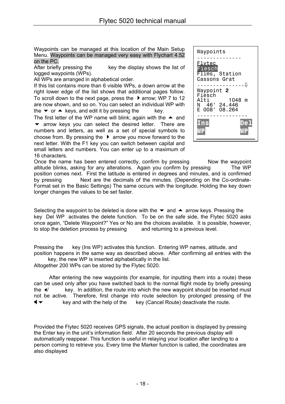 1 waypoints - alter, delete, or add, 2 current coordinate indicator, Waypoints - alter, delete, or add | Current coordinate indicator, Flytec 5020 technical manual, Ins del wp wp | Flytec 5020 v1.18 * User Manual | Page 18 / 34