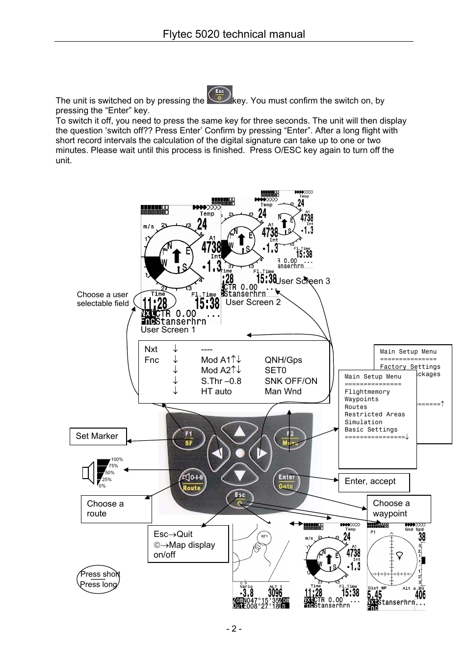 1 operation, 1 turning the unit on and off, 2 keypad | Flytec 5020 v1.18 * User Manual | Page 2 / 34