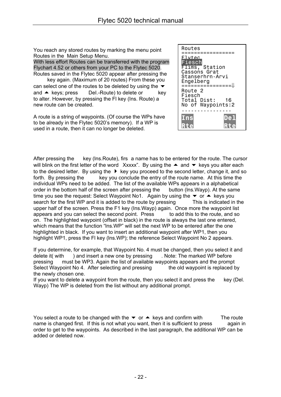 11 routes set - delete - alter, 1 setting a new route, 2 altering a route | Routes set - delete - alter, Setting a new route, Altering a route, Ins del rte rte | Flytec 5020 v1.18 * User Manual | Page 22 / 34