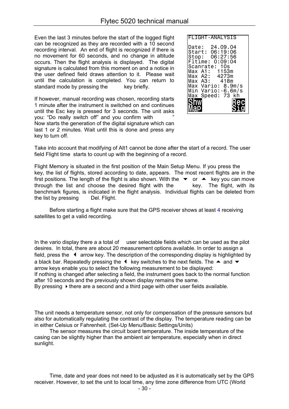 9 user selectable fields, 1 temperature, 2 time and date | User selectable fields, Temperature, Time and date, Flytec 5020 technical manual | Flytec 5020 v1.18 * User Manual | Page 30 / 34