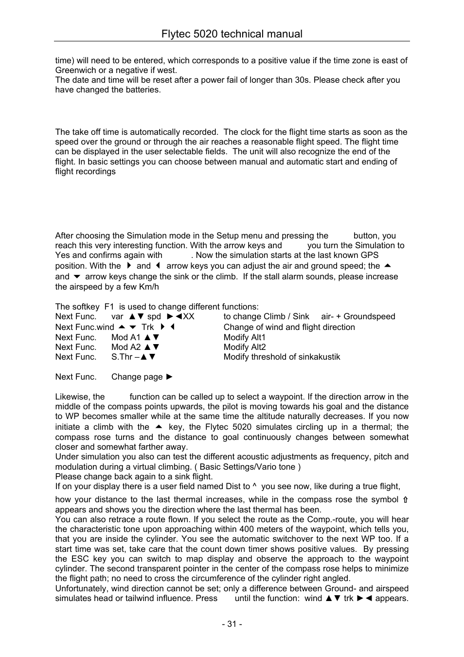 3 flight time, 10 other functions, 1 simulation | Flight time, Other functions, Simulation, Flytec 5020 technical manual | Flytec 5020 v1.18 * User Manual | Page 31 / 34