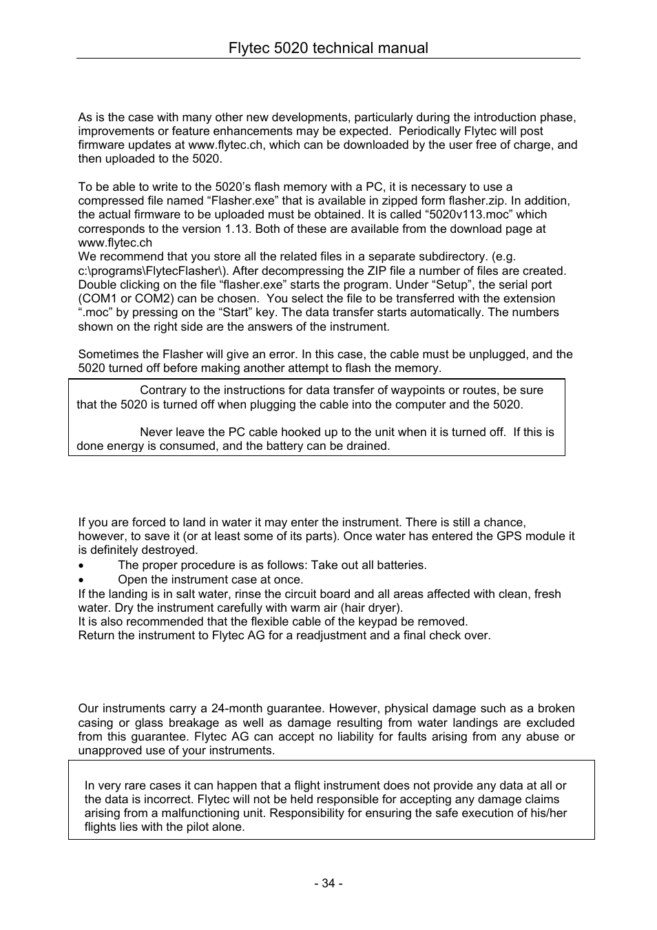 7 transferring new firmware to the 5020, 11 landing in water, 12 guarantee and liability | Transferring new firmware to the 5020, Landing in water, Guarantee and liability | Flytec 5020 v1.18 * User Manual | Page 34 / 34