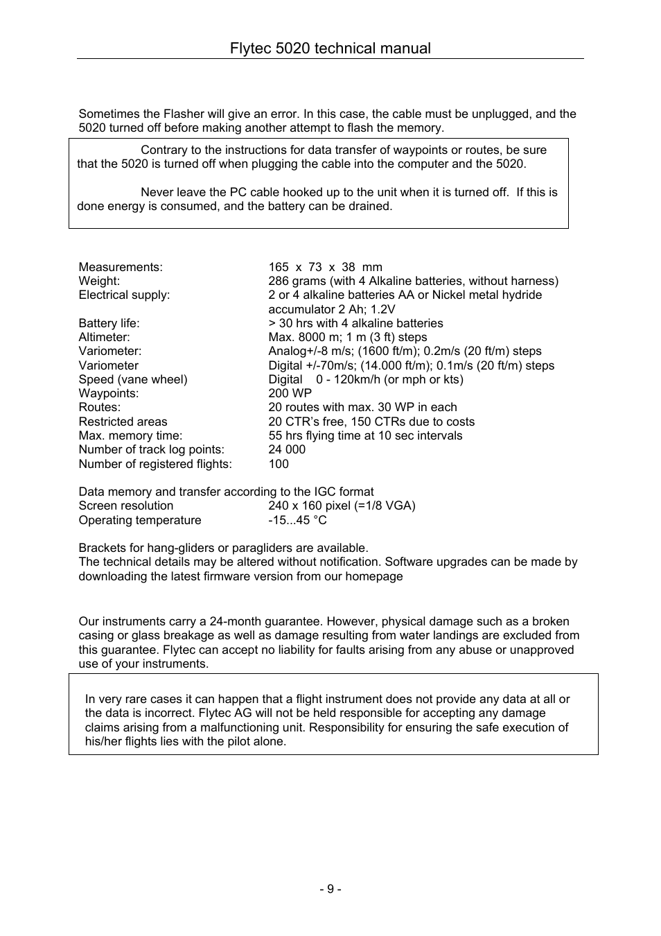 2 technical data, 3 guarantee and liability, Flytec 5020 technical manual | Flytec 5020 v1.18 * User Manual | Page 9 / 34