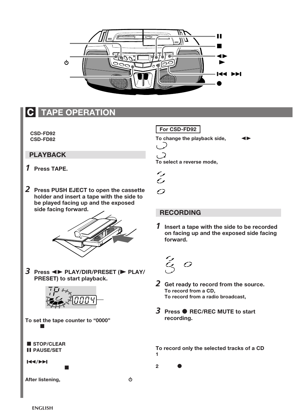 Tape operation, Playback, Recording | Aiwa CSD-FD82 User Manual | Page 10 / 12