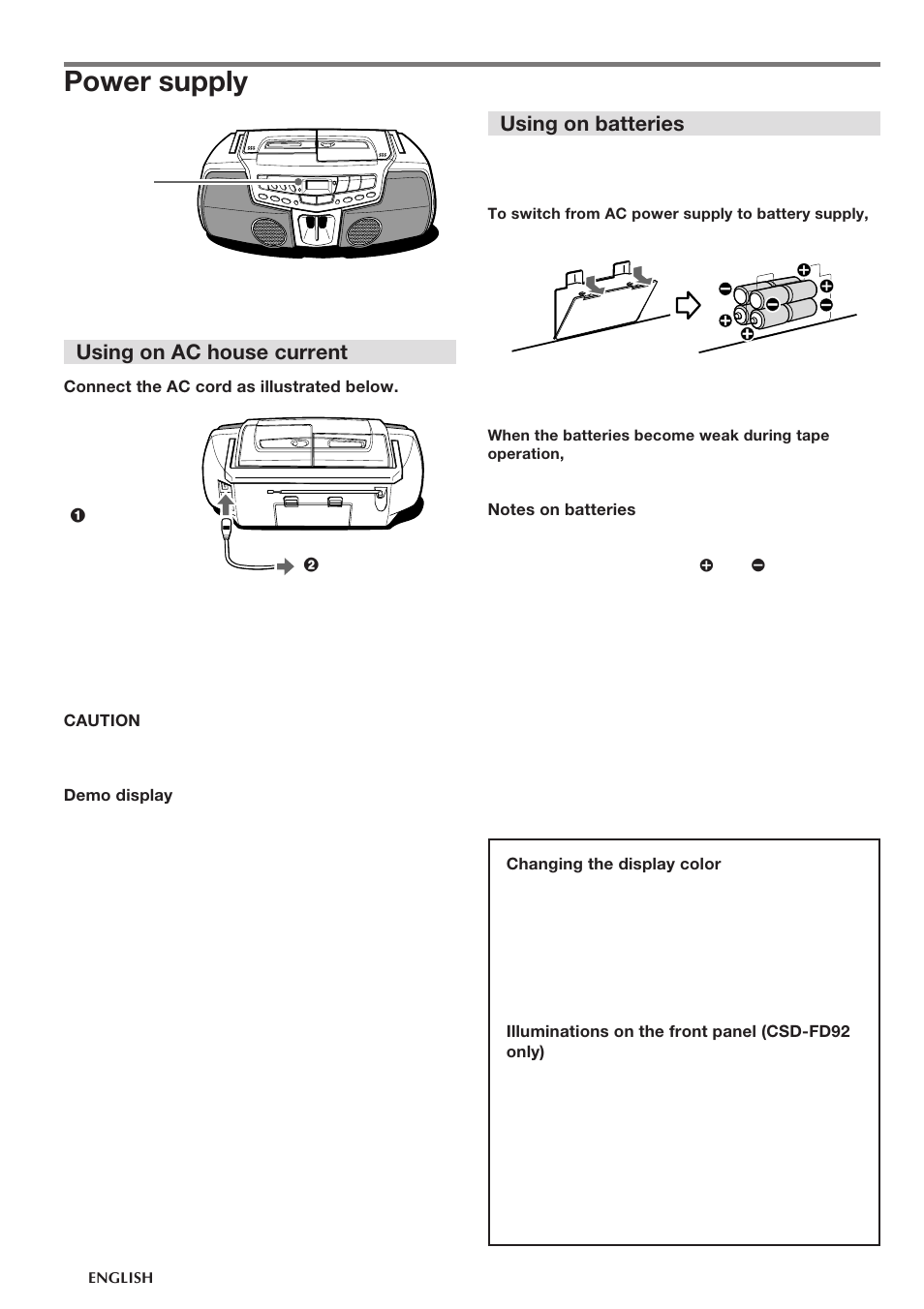 Power supply, Using on ac house current, Using on batteries | Aiwa CSD-FD82 User Manual | Page 4 / 12