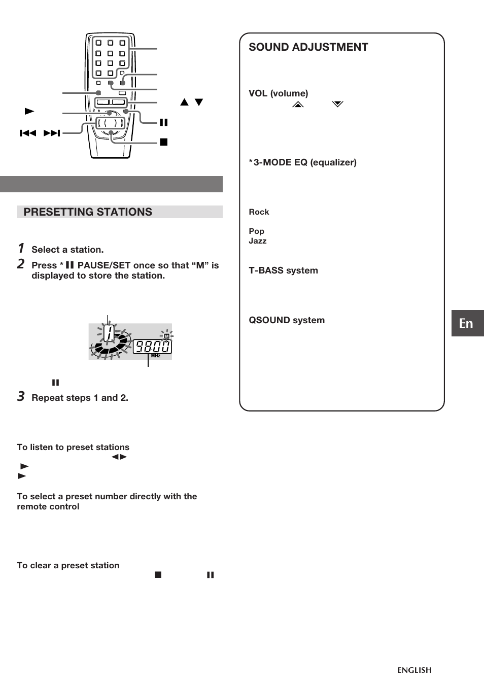 Presetting stations, Sound adjustment | Aiwa CSD-FD82 User Manual | Page 7 / 12