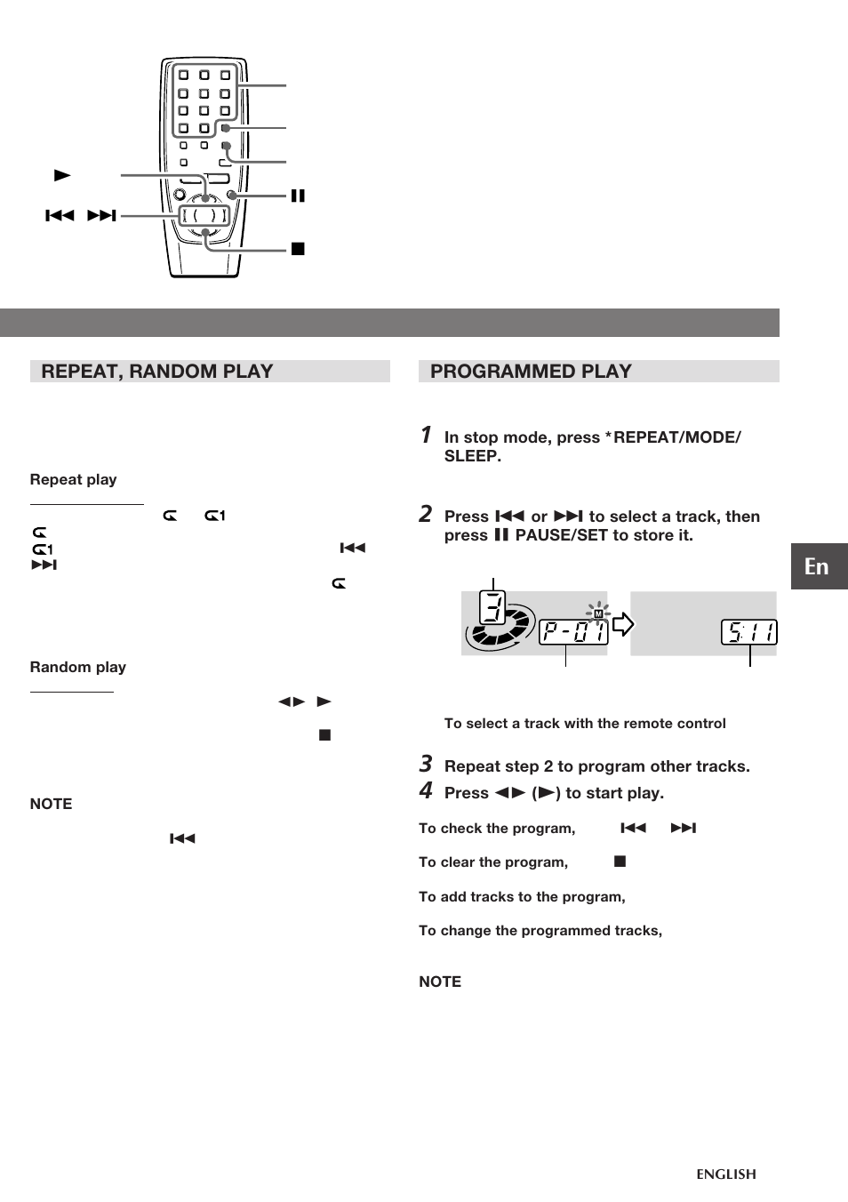 Programmed play, Repeat, random play | Aiwa CSD-FD82 User Manual | Page 9 / 12