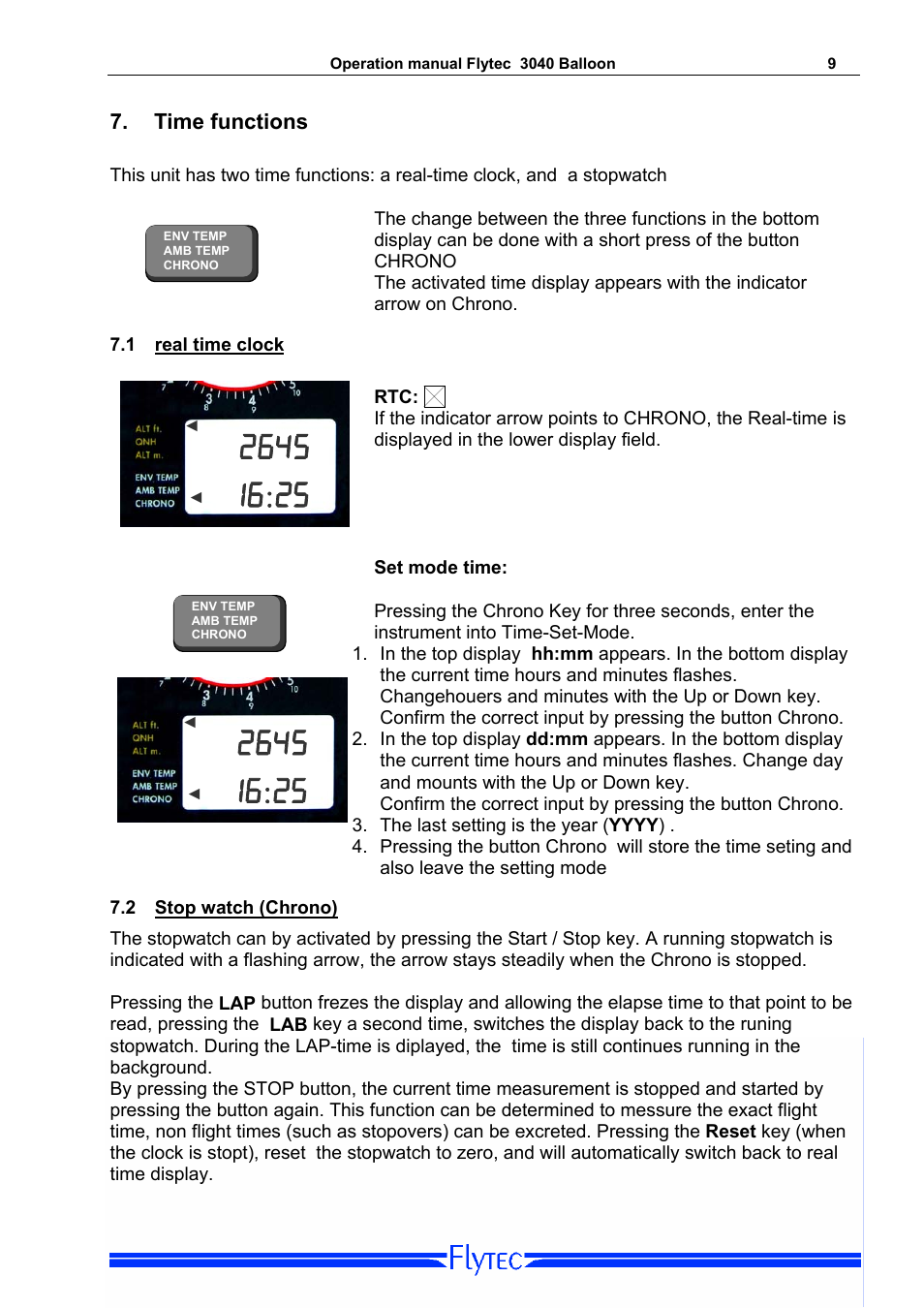 Time functions, 1 real time clock, 2 stop watch (chrono) | Real time clock, Stop watch (chrono) | Flytec 3040/TT34 * User Manual | Page 10 / 20